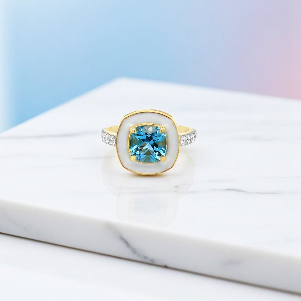 Blue Topaz and White Enamel Ring in 22kt Yellow Gold Plated 925 Sterling Silver